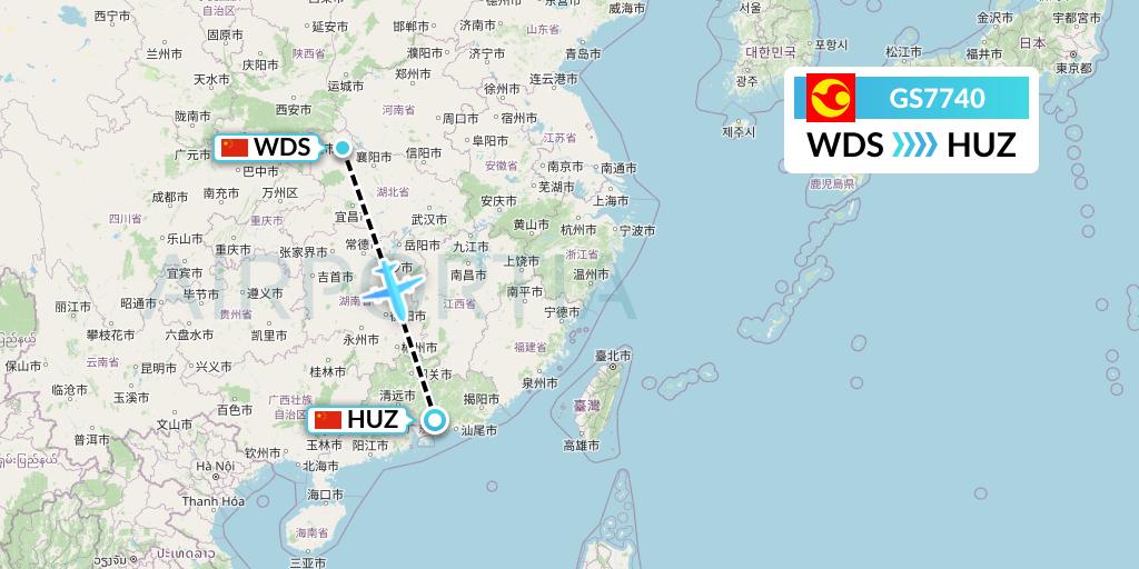 GS7740 Tianjin Airlines Flight Map: Shiyan to Huizhou