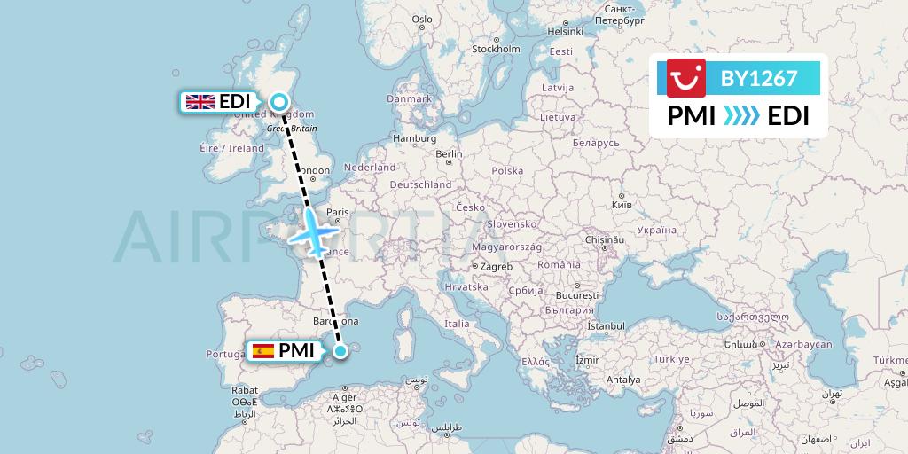 BY1267 TUI Airways Flight Map: Palma de Mallorca to Edinburgh