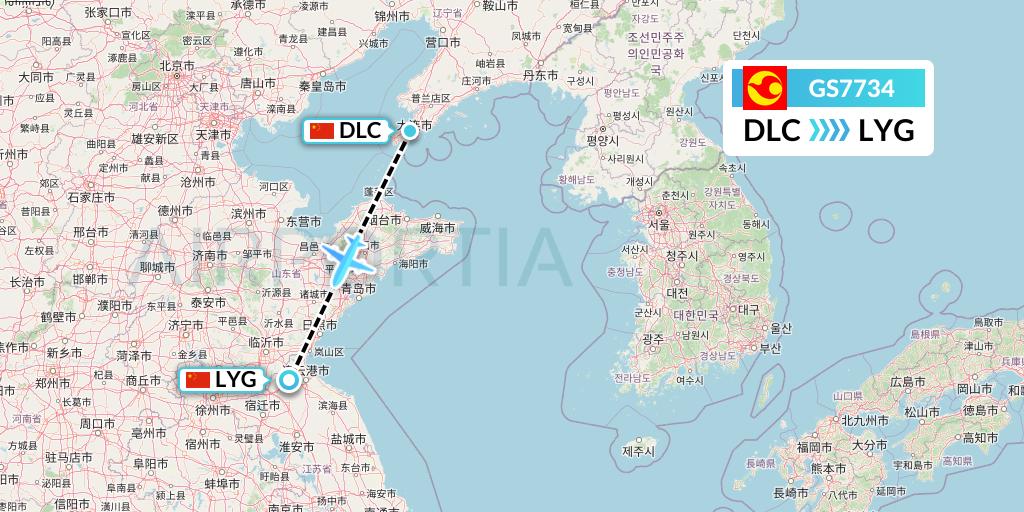 GS7734 Tianjin Airlines Flight Map: Dalian to Lianyungang
