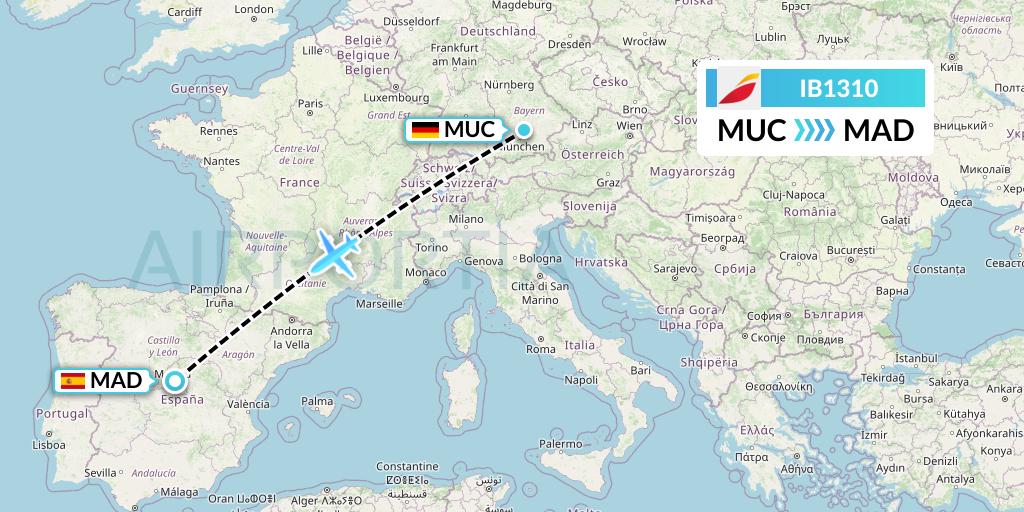 IB1310 Iberia Flight Map: Munich to Madrid