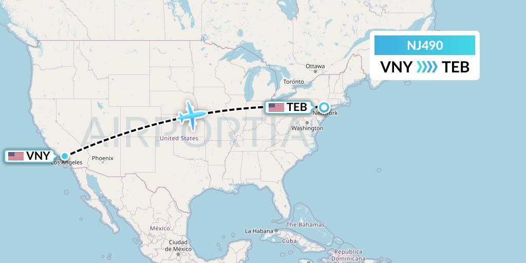 NJ490 Ghadames Air Transport Flight Map: Van Nuys to Teterboro
