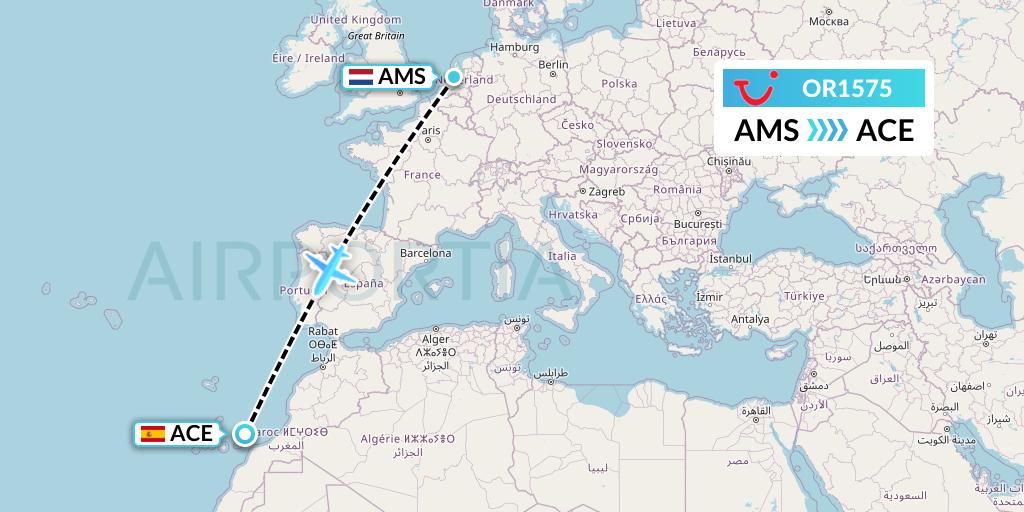 OR1575 TUI fly Netherlands Flight Map: Amsterdam to Lanzarote