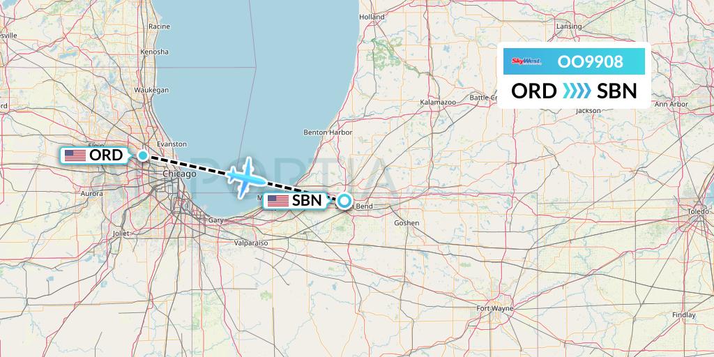 OO9908 SkyWest Airlines Flight Map: Chicago to South Bend