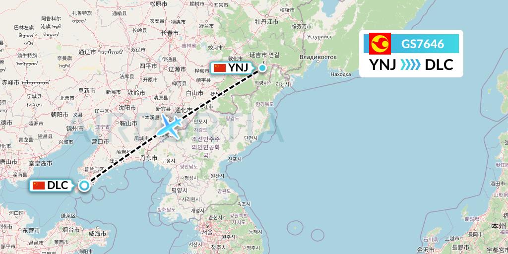 GS7646 Tianjin Airlines Flight Map: Yanji to Dalian