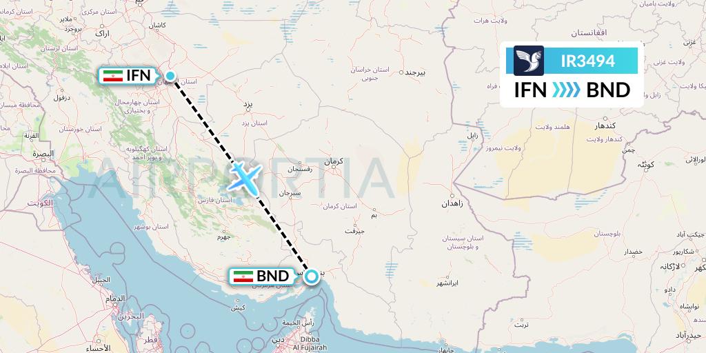 IR3494 Iran Air Flight Map: Isfahan to Bandar Abbas