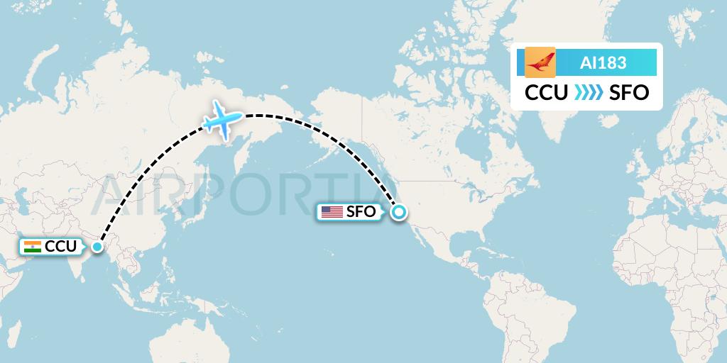 AI183 Air India Flight Map: Kolkata to San Francisco