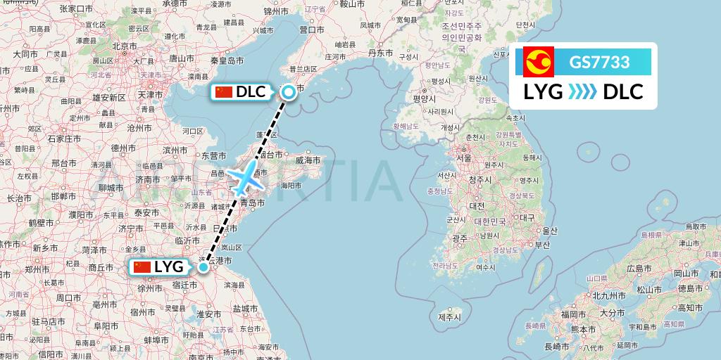 GS7733 Tianjin Airlines Flight Map: Lianyungang to Dalian