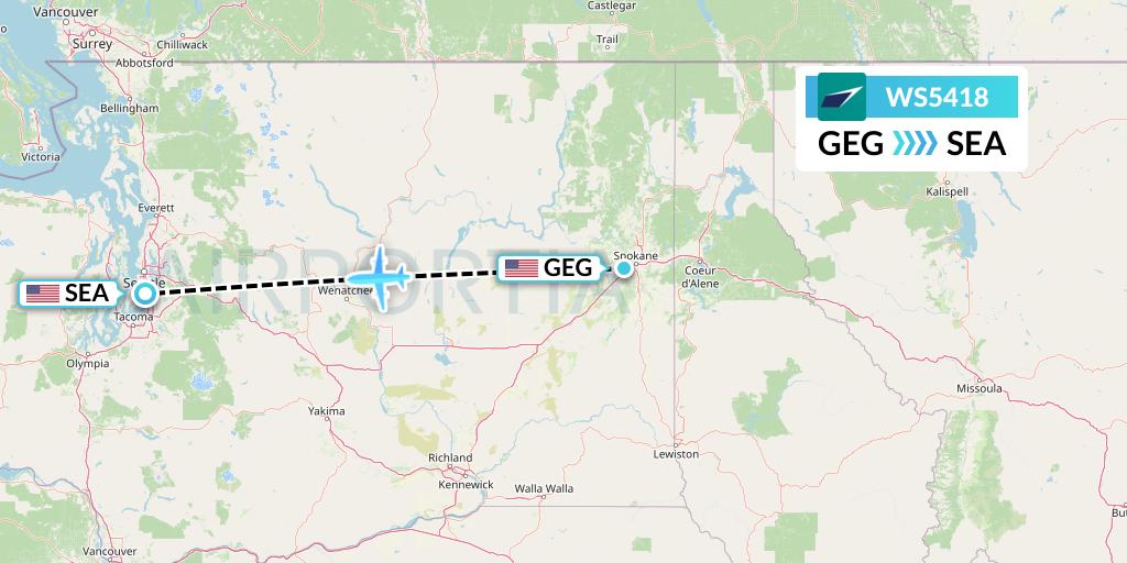 WS5418 WestJet Flight Map: Spokane to Seattle