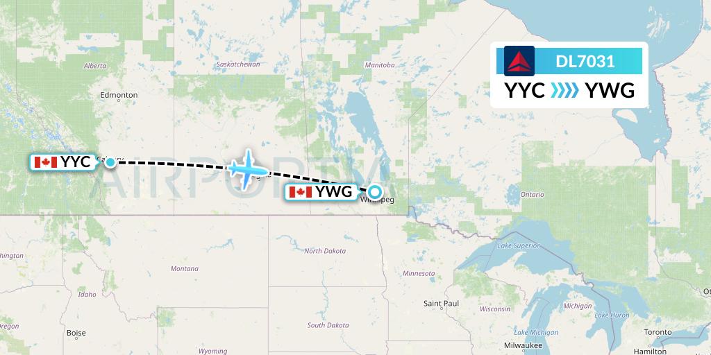 DL7031 Delta Air Lines Flight Map: Calgary to Winnipeg