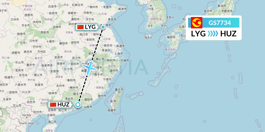 GS7734 Tianjin Airlines Flight Map: Lianyungang to Huizhou
