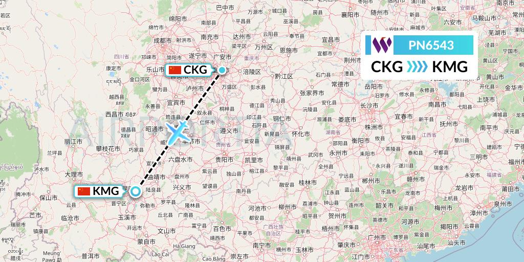 PN6543 China West Air Flight Map: Chongqing to Kunming
