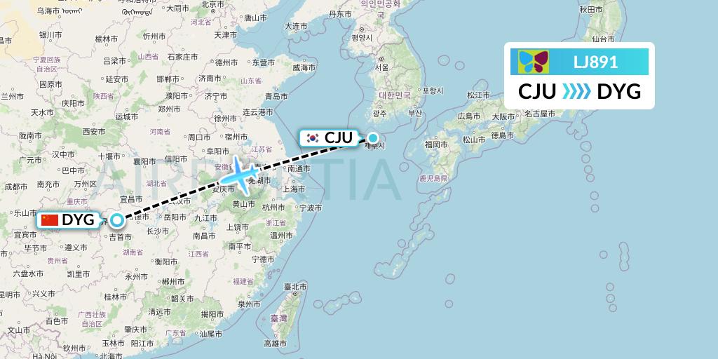 LJ891 Jin Air Flight Map: Jeju to Dayong