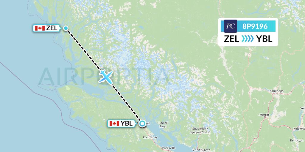 8P9196 Pacific Coastal Airlines Flight Map: Bella Bella to Campbell River