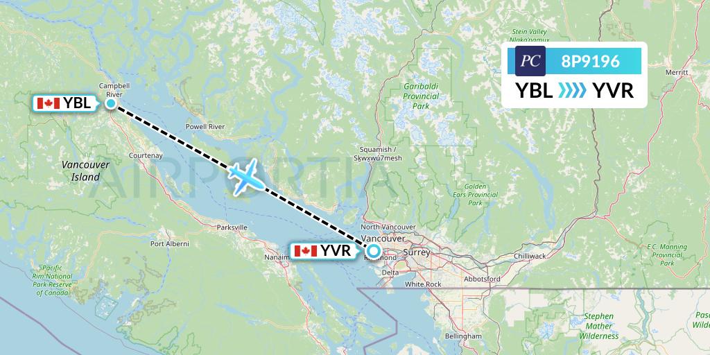 8P9196 Pacific Coastal Airlines Flight Map: Campbell River to Vancouver
