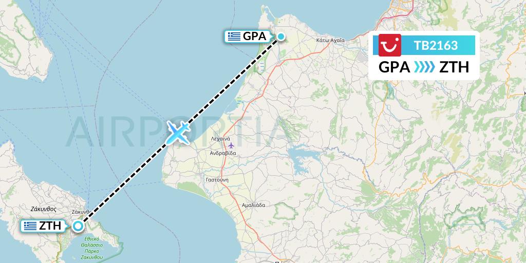 TB2163 TUI fly Belgium Flight Map: Patras to Zakynthos