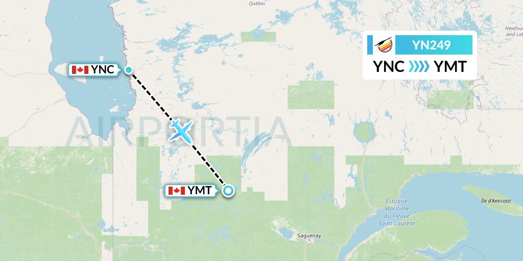 YN249 Air Creebec Flight Map: Wemindji to Chibougamau