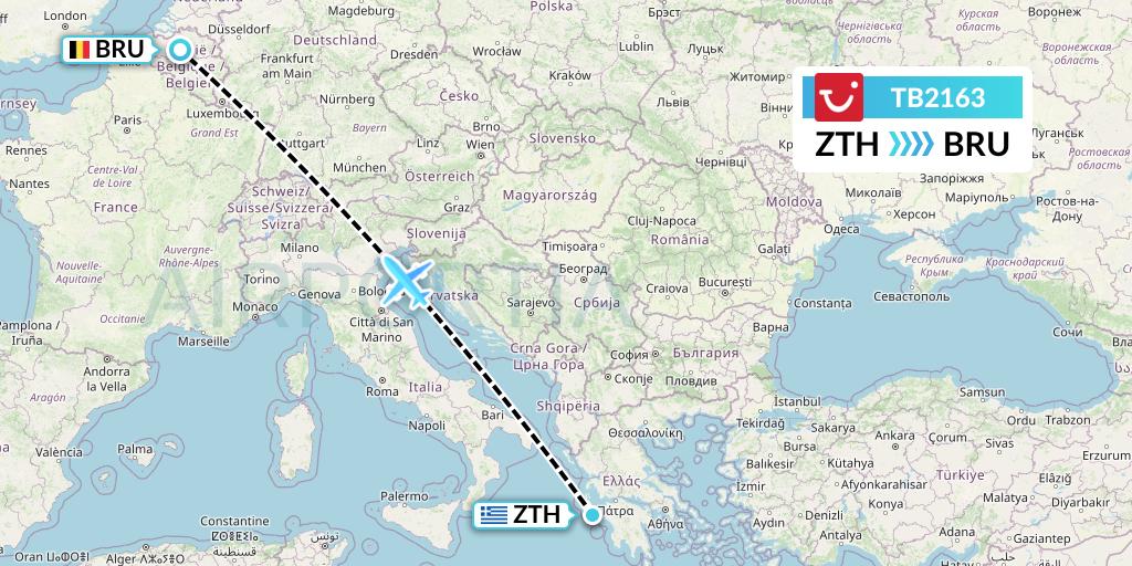 TB2163 TUI fly Belgium Flight Map: Zakynthos to Brussels