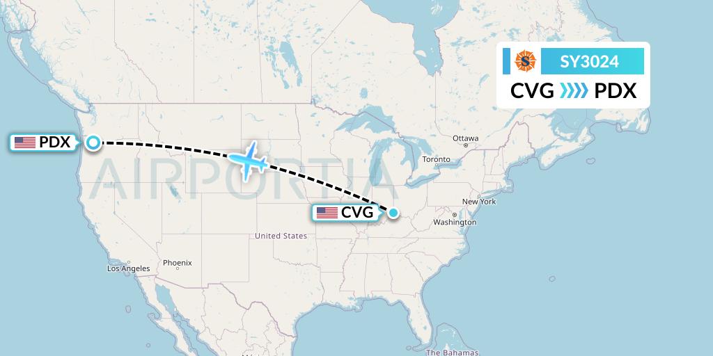SY3024 Sun Country Airlines Flight Map: Cincinnati to Portland