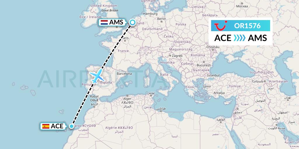 OR1576 TUI fly Netherlands Flight Map: Lanzarote to Amsterdam