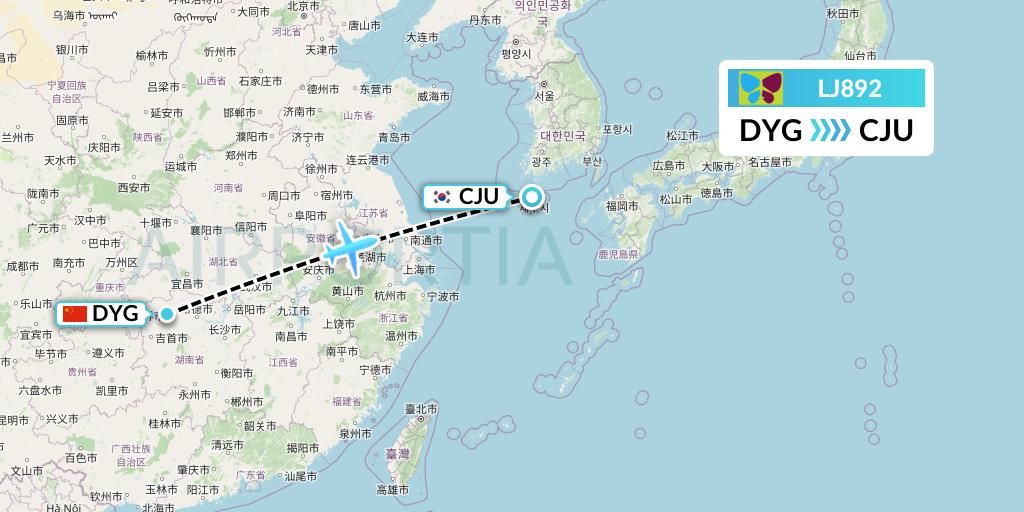 LJ892 Jin Air Flight Map: Dayong to Jeju