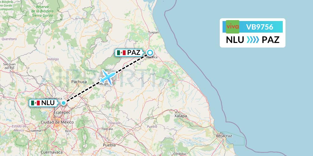 VB9756 VivaAerobus Flight Map: Reyes Acozac to Poza Rica