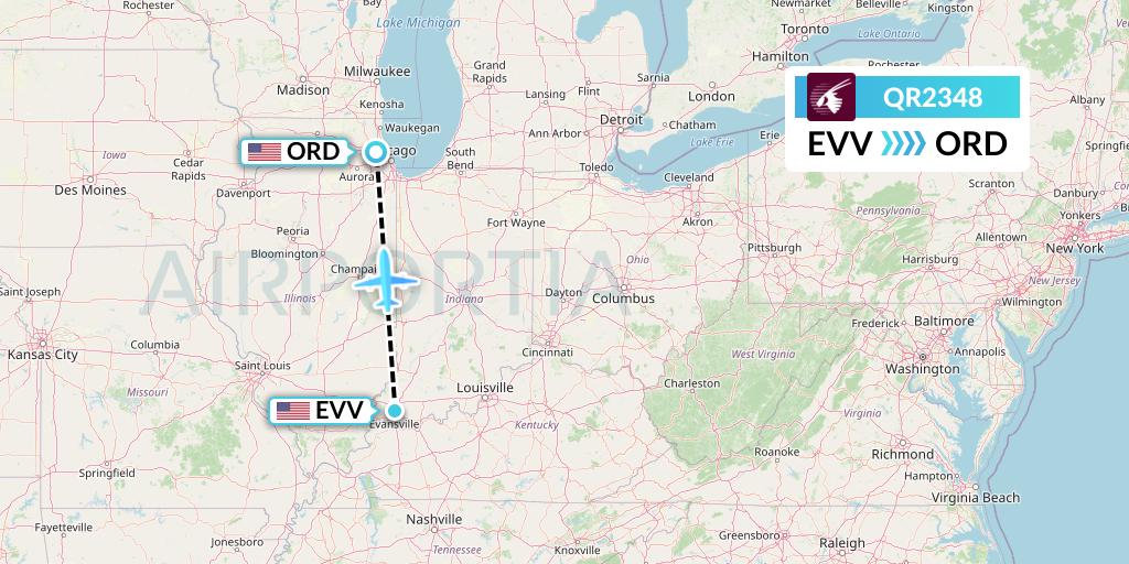 QR2348 Qatar Airways Flight Map: Evansville to Chicago
