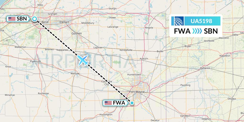 UA5198 United Airlines Flight Map: Fort Wayne to South Bend