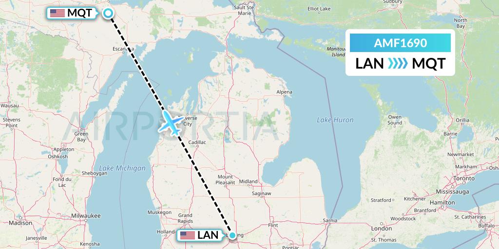 AMF1690 Ameriflight Flight Map: Lansing to Marquette