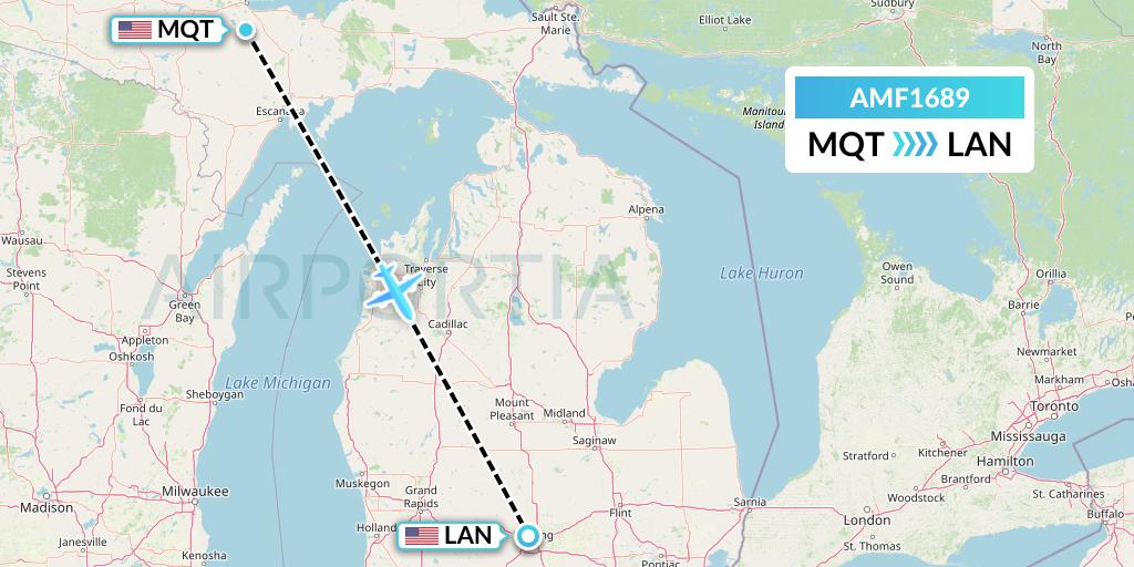 AMF1689 Ameriflight Flight Map: Marquette to Lansing