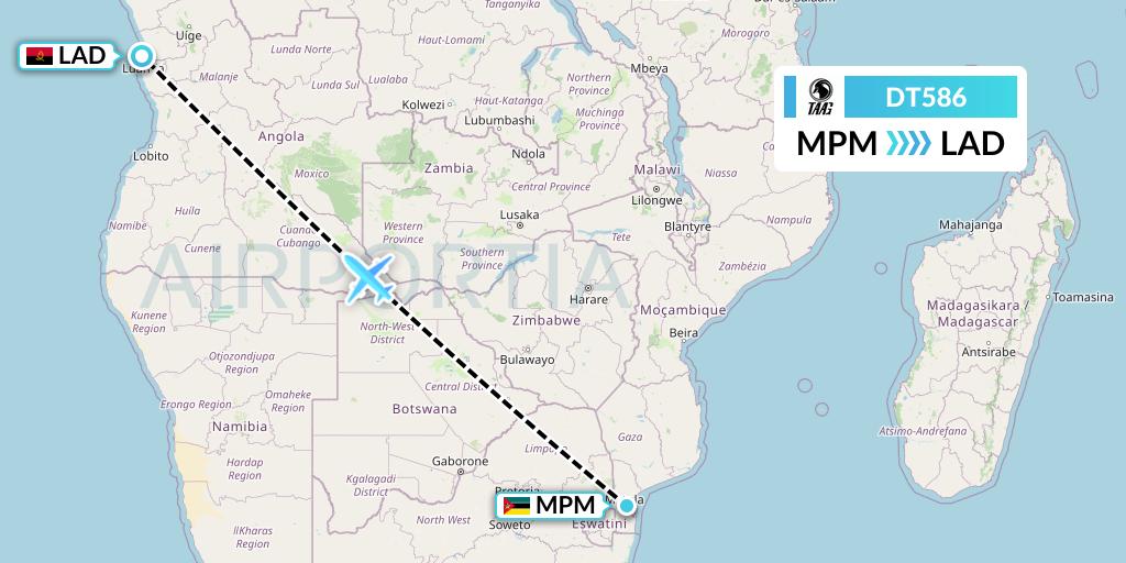 DT586 TAAG Angola Airlines Flight Map: Maputo to Luanda
