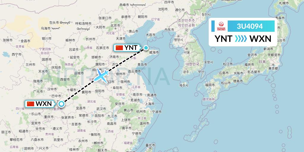 3U4094 Sichuan Airlines Flight Map: Yantai to Wanzhou