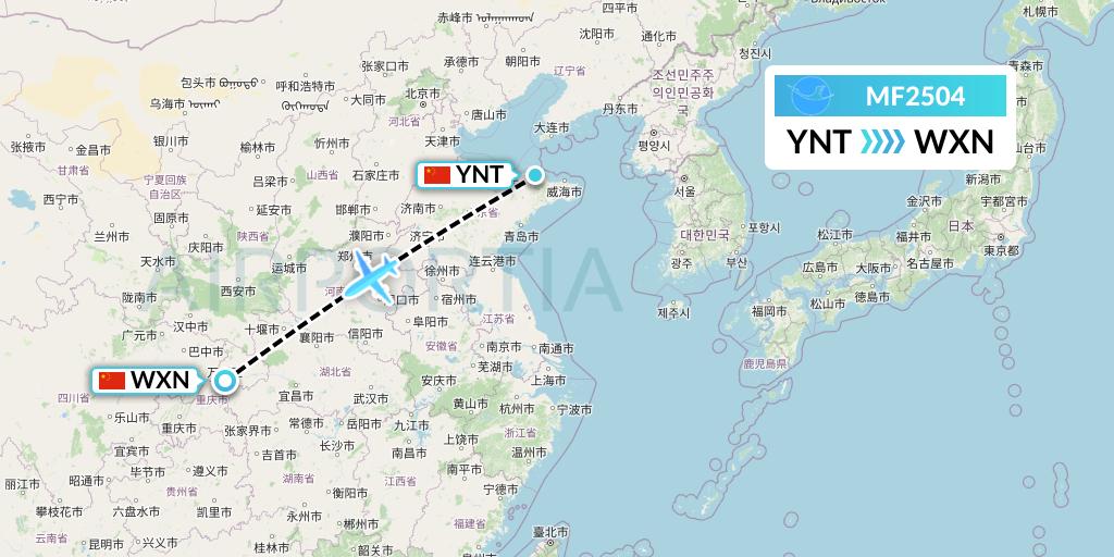 MF2504 Xiamen Airlines Flight Map: Yantai to Wanzhou