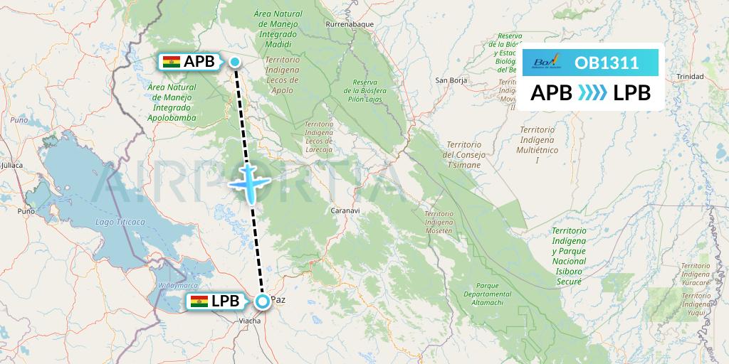 OB1311 Boliviana de Aviacion Flight Map: Apolo to La Paz