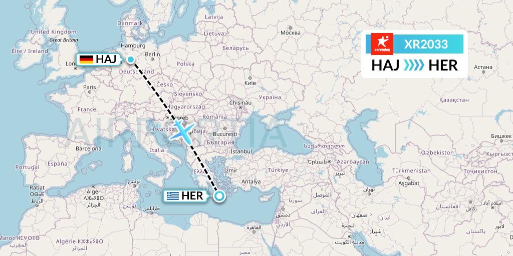 XR2033 Corendon Airlines Europe Flight Map: Hannover to Heraklion