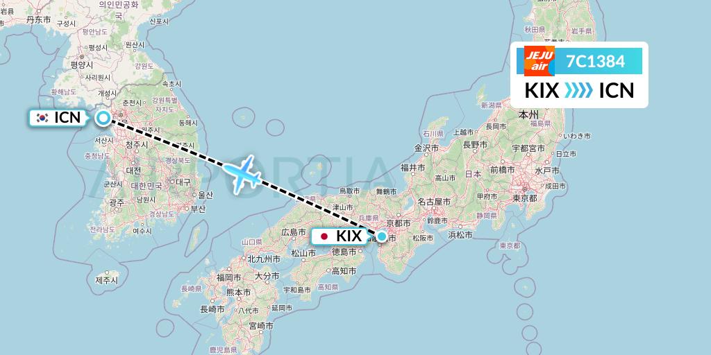 7C1384 Jeju Air Flight Map: Osaka to Seoul