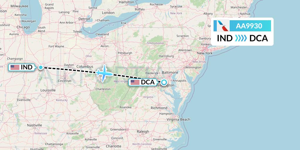 AA9930 American Airlines Flight Map: Indianapolis to Washington