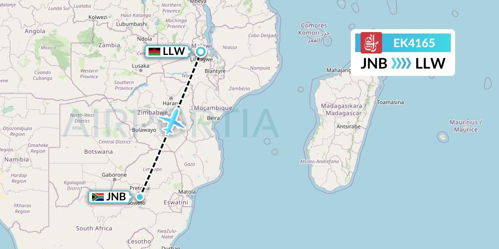 EK4165 Emirates Flight Map: Johannesburg to Lilongwe