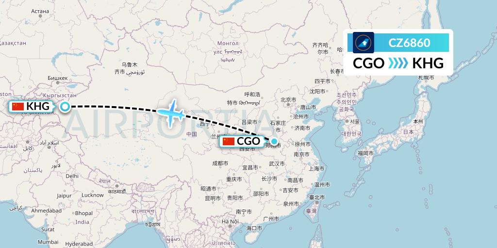 CZ6860 China Southern Airlines Flight Map: Zhengzhou to Kashgar