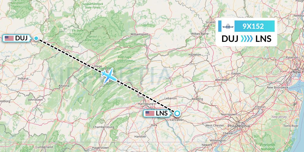 9X152 Southern Airways Express Flight Map: Dubois to Lancaster