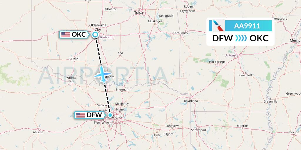 AA9911 American Airlines Flight Map: Dallas to Oklahoma City
