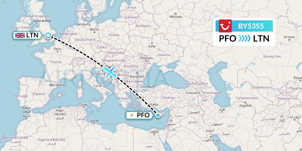 BY5355 TUI Airways Flight Map: Pafos to London