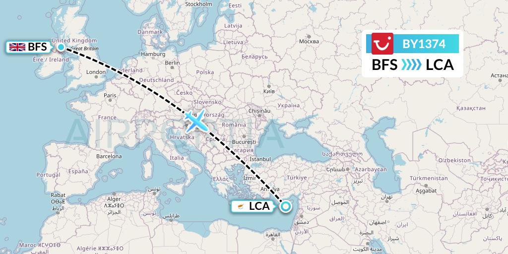 BY1374 TUI Airways Flight Map: Belfast to Larnaca