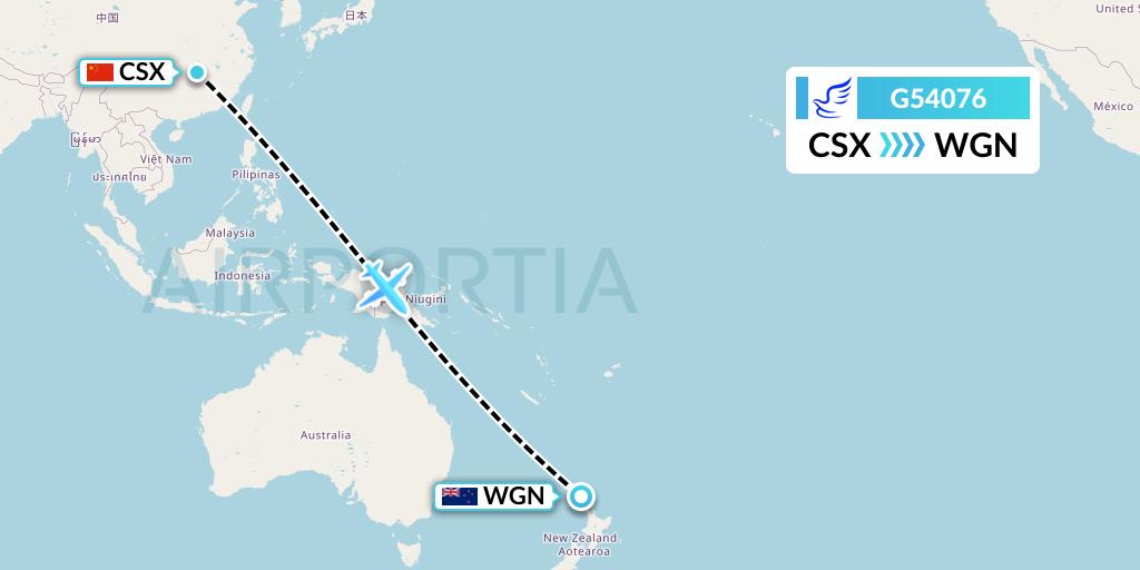 G54076 China Express Airlines Flight Map: Changsha to Waitangi