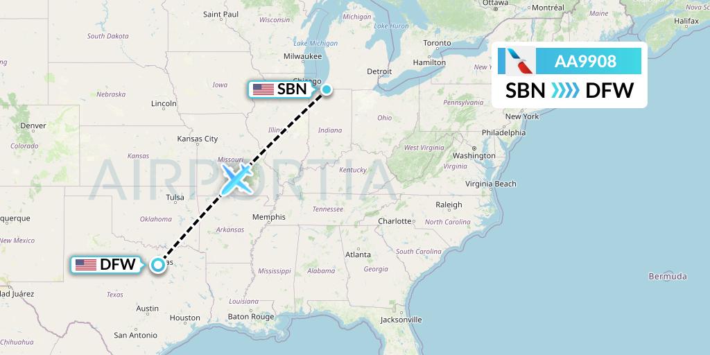 AA9908 American Airlines Flight Map: South Bend to Dallas