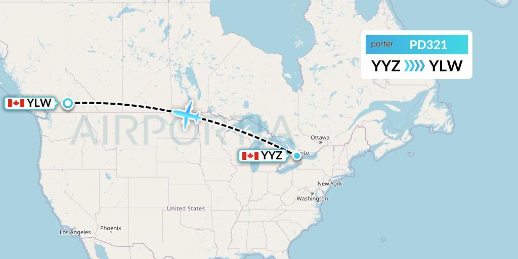 PD321 Porter Airlines Flight Map: Toronto to Kelowna