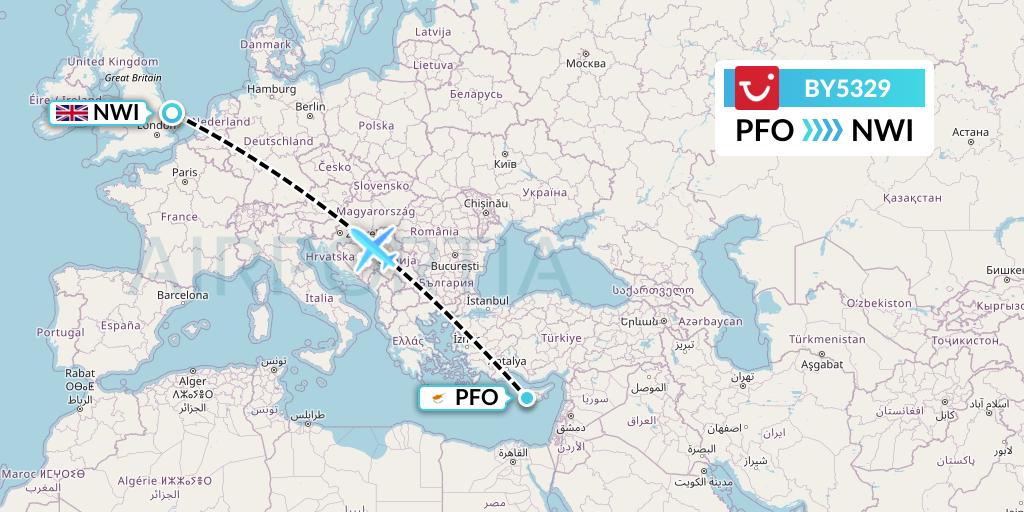 BY5329 TUI Airways Flight Map: Pafos to Norwich