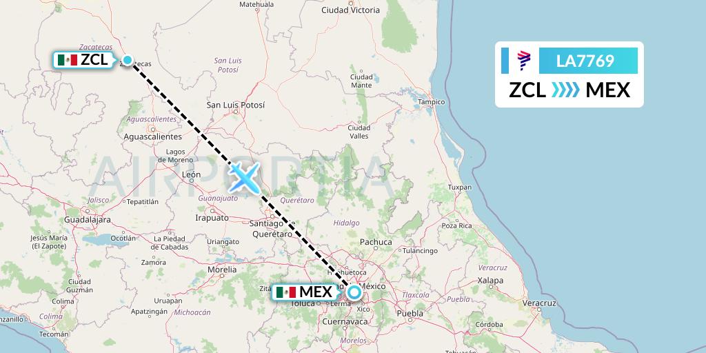 LA7769 LAN Airlines Flight Map: Zacatecas to Mexico City