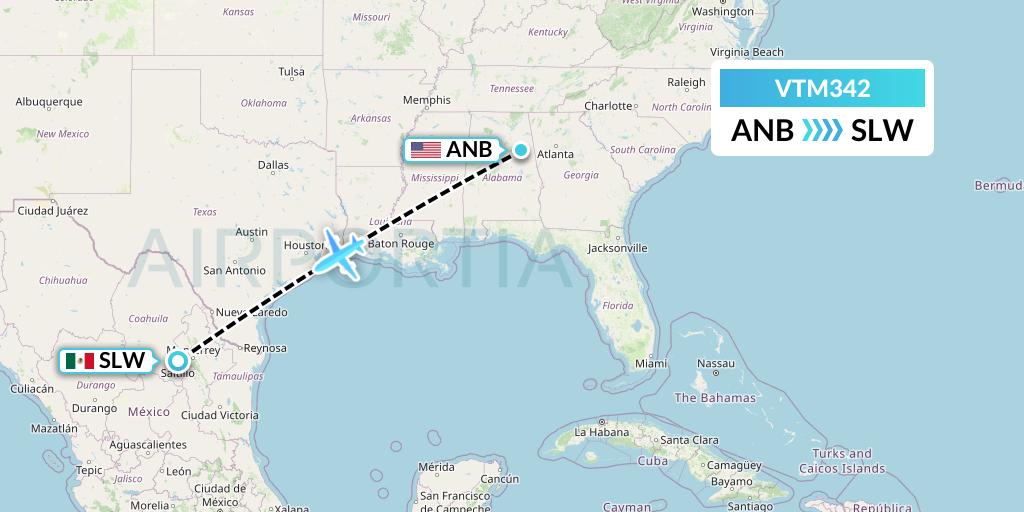 VTM342 Aeronaves TSM Flight Map: Anniston to Saltillo