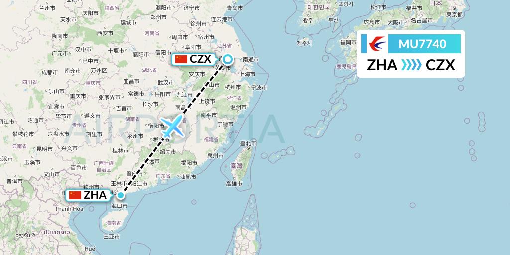 MU7740 China Eastern Airlines Flight Map: Zhanjiang to Changzhou