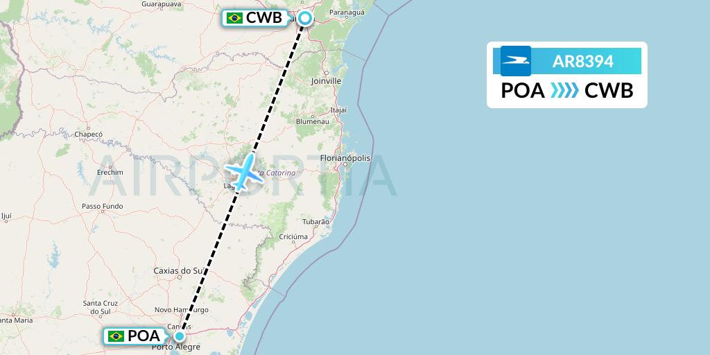 AR8394 Aerolineas Argentinas Flight Map: Porto Alegre to Curitiba